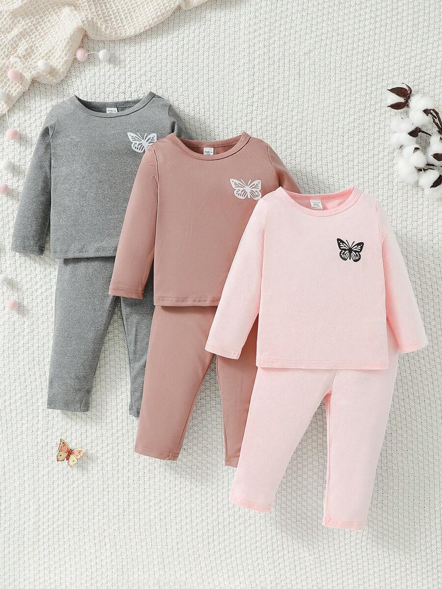 SHEIN 女嬰3入組蝴蝶圖案T恤和3入組長褲 - 灰色 - 查看 1