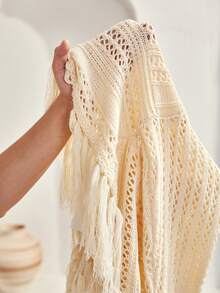 Bohemela Fringe Hem Pointelle Knit Sweater - Apricot - View 10