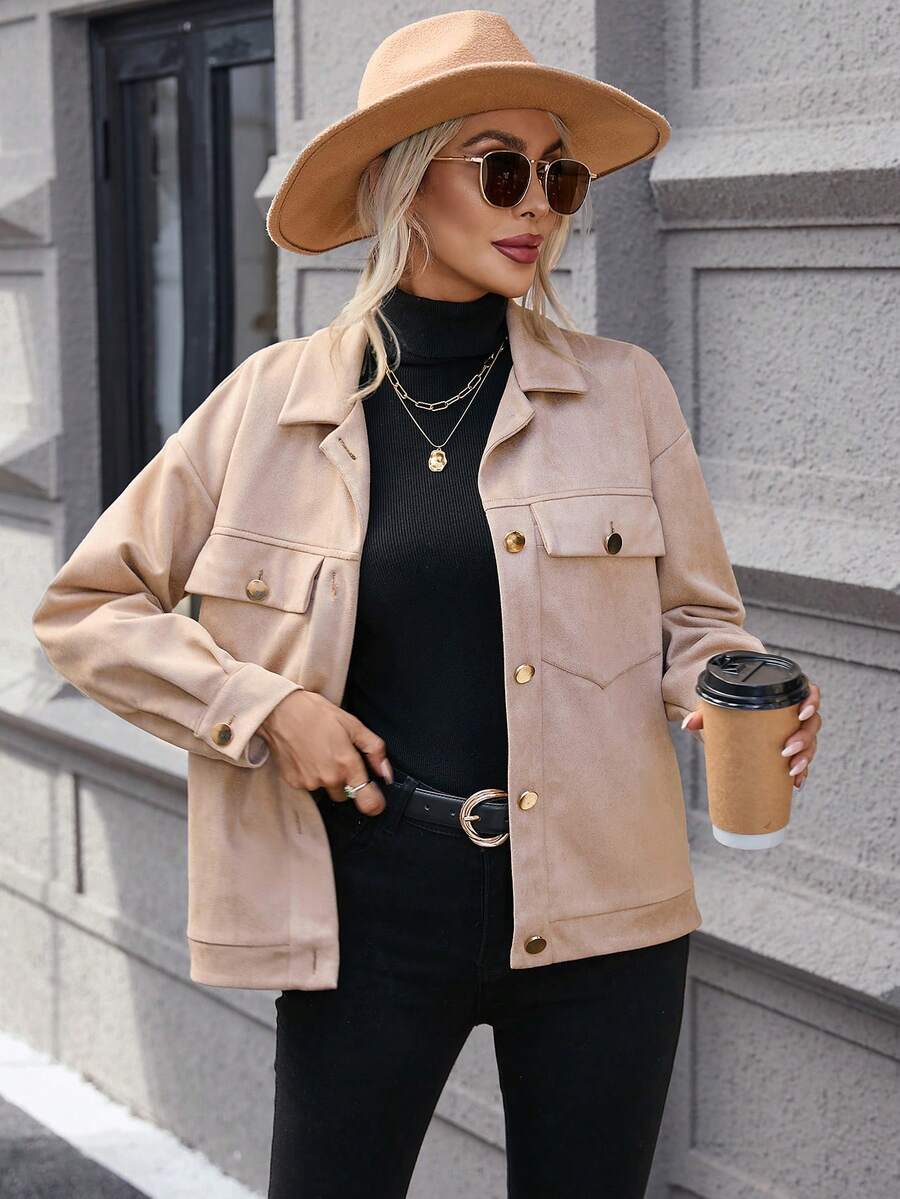 SHEIN LUNE 翻蓋口袋落肩袖外套 - 卡其色 - 查看 1