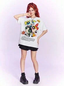 The Powerpuff Girls | ROMWE Camiseta de hombro caído con gráfico de dibujos animados, escolar - Blanco - Ver 5