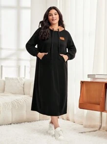 Mulvari Plus Size Letter Patched Pocket Drawstring Hooded Sweatshirt Dress In Fall/Winter - Black - View 4