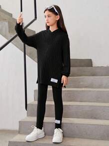 SHEIN Tween Girl Letter Patched Detail Drop Shoulder Hooded Tee & Leggings - Black - View 6