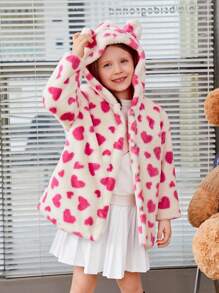 SHEIN Young Girl 1pc Heart Pattern 3D Ear Design Hooded Fuzzy Coat - White - View 1