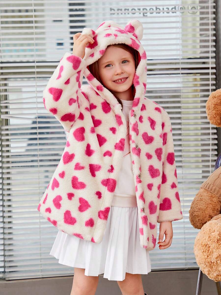 SHEIN Young Girl 1pc Heart Pattern 3D Ear Design Hooded Fuzzy Coat - White - View 1
