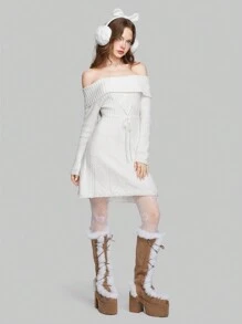 ROMWE Kawaii Foldover Off Shoulder Knot Front Sweater Dress - White - View 5