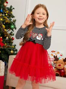 SHEIN Young Girl Knitted Striped Christmas Pattern Patchwork Woven Mesh Dress - Mommy And Me Matching Outfits, 2 Pieces Sold Separately - Multicolor - View 5