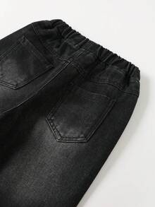 女小童愛心圖案彈性腰帶直筒牛仔褲 - 黑色 - 查看 5