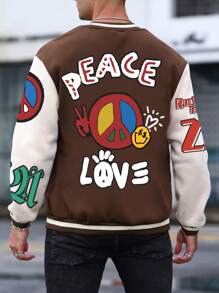 Manfinity Homme Men Plus Letter & Cartoon Graphic Two Tone Baseball Jacket Without Hoodie - Multicolor - View 1