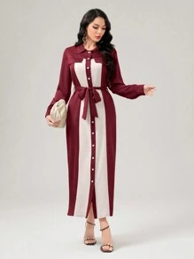 Mulvari Two Tone Belted Shirt Dress - Burgundy - View 4