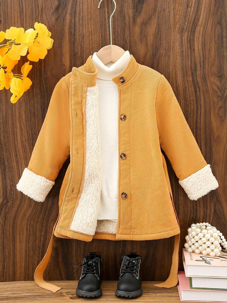 SHEIN 女小童1入組拼接毛茸邊前紐扣外套 - 棕色 - 查看 1