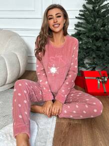 RueChic Snowflake & Letter Embroidery Flannel PJ Set - Pink - View 4