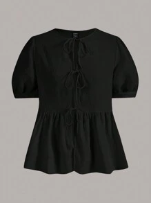 SHEINNeu Solid Tie Front Ruffle Hem Blouse - Black - View 1
