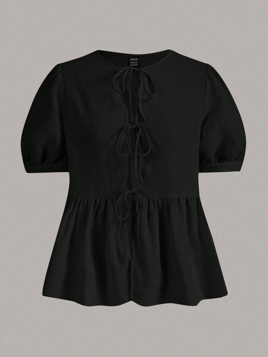 SHEINNeu Solid Tie Front Ruffle Hem Blouse - Black - View 1