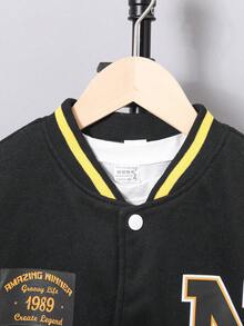 男大童1入組字母貼布條紋飾邊落肩袖花呢外套 - 黑色 - 查看 3