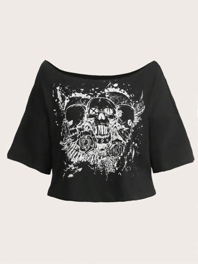 Goth T-shirt imprimé crâne style épaules dénudées pour grandes tailles, école, été