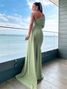 SHEIN Cottnline One Shoulder Draped Side Mermaid Hem Formal Dress - Mint Green - View 2