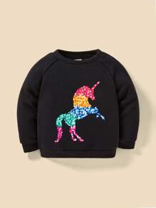 SHEIN Đứa bé gái Kim sa Kỳ lân in Tay Raglan Áo nỉ - màu đen - Xem 1