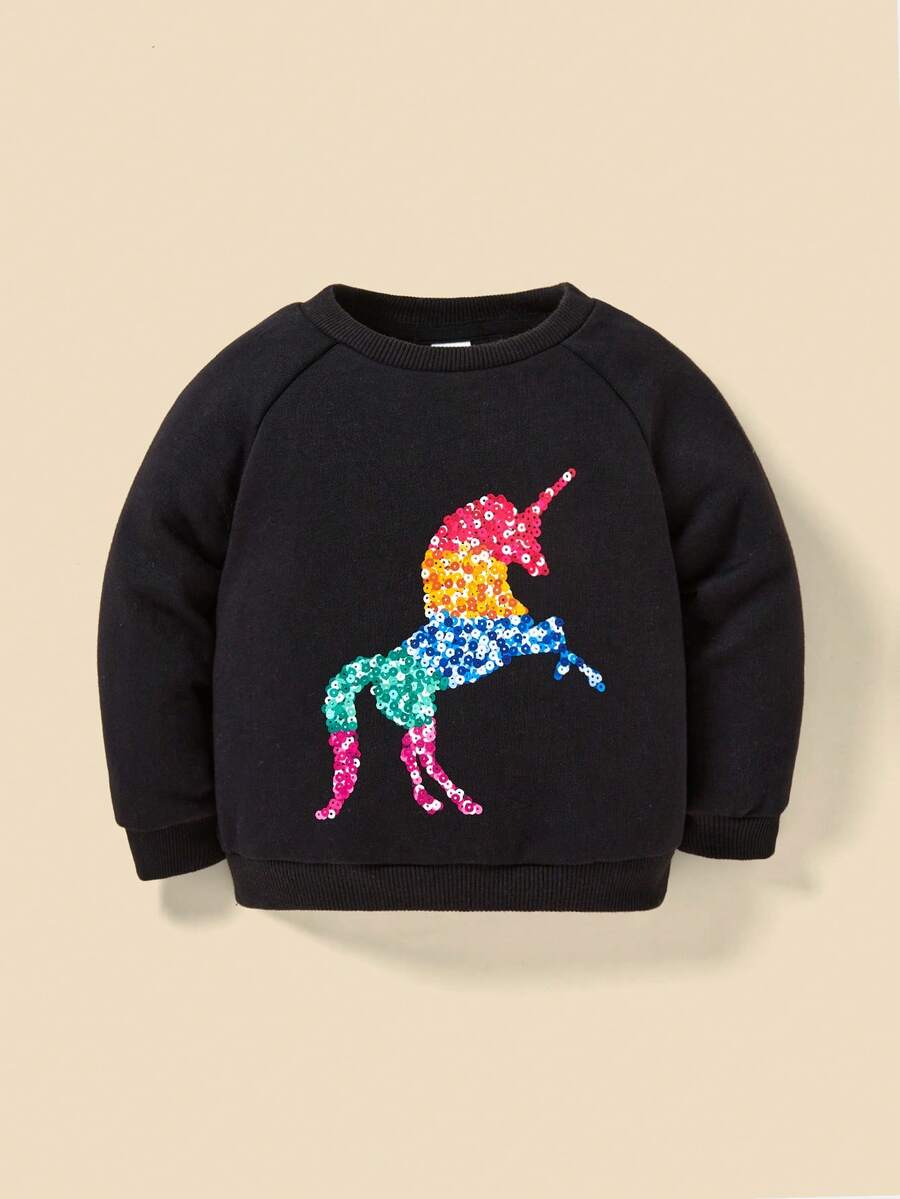 SHEIN Đứa bé gái Kim sa Kỳ lân in Tay Raglan Áo nỉ - màu đen - Xem 1
