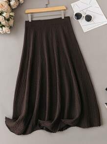 EMERY ROSE Plus Solid Flare Textured Knit Skirt - Coffee Brown - View 2