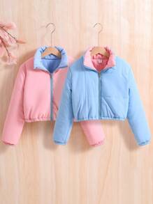 SHEIN Tween Girl 1pc Two Tone Zip Up Reversible Crop Padded Coat - Multicolor - View 1