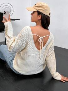 Flirla 大碼後背繫帶落肩袖麻花編織套頭毛衣 - 杏色 - 查看 1