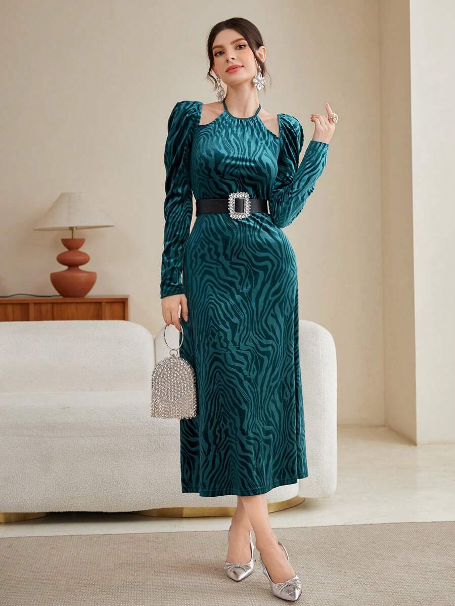 Modelyn 斑馬紋羊腿袖絨布洋裝不附腰帶 - 水鴨藍 - 查看 1