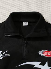 SHEIN 女大童標語圖案半拉鏈加絨內裏運動衫 - 黑色 - 查看 3