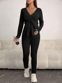SHEIN Maternity Surplice Neck Belted Jumpsuit - Black - View 4