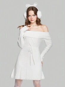 ROMWE Kawaii Foldover Off Shoulder Knot Front Sweater Dress - White - View 3
