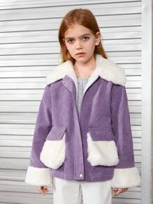 SHEIN Tween Girl Borg Collar Flap Pocket Drop Shoulder Corduroy Jacket - Purple - View 4