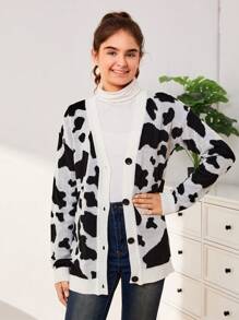 Teen Girl Cow Pattern Button Front Cardigan - Black and White - View 4