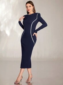 Modelyn Contrast Binding Bodycon Dress - Navy Blue - View 4