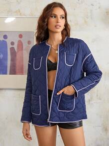 SHEINNeu Contrast Binding Drop Shoulder Quilted Coat In Fall/Winter - Royal Blue - View 2