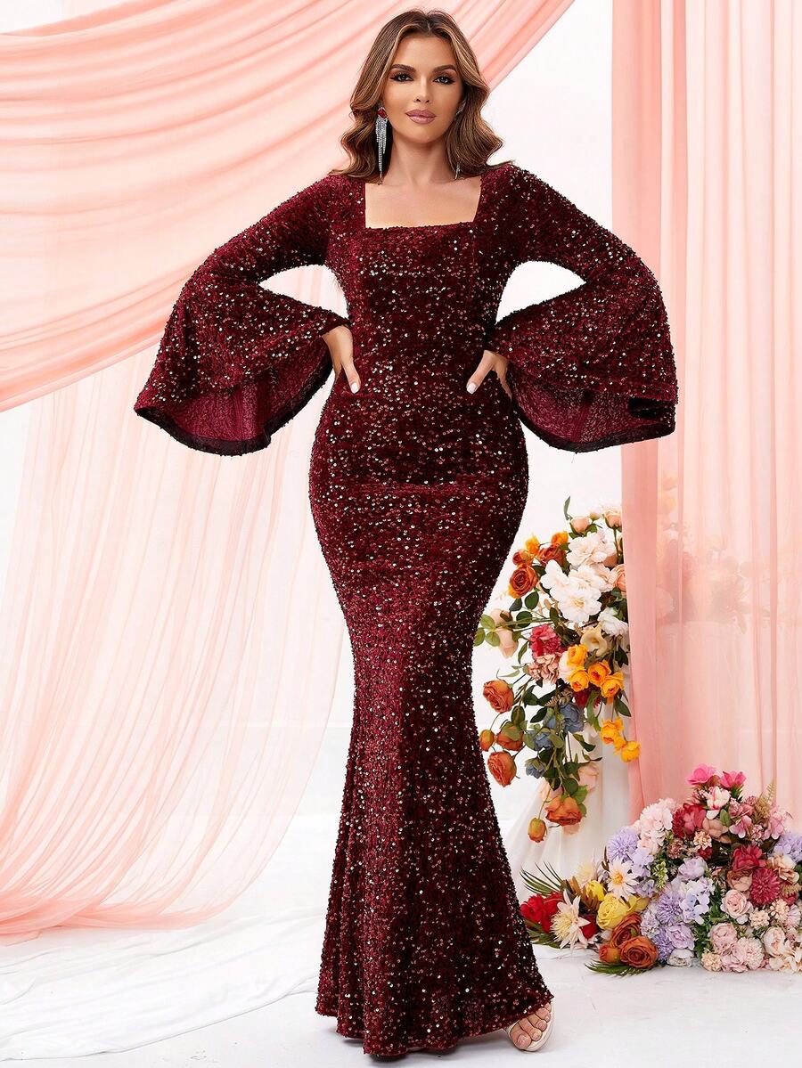 LOVE&LEMONADE Vestido de fiesta de cuello cuadrado de manga con volante con lentejuelas - Burdeos - Ver 1