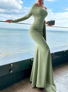 SHEIN Cottnline One Shoulder Draped Side Mermaid Hem Formal Dress - Mint Green - View 5