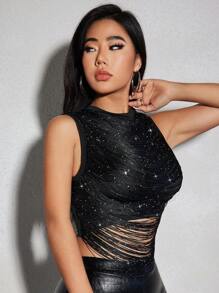 Zolique Ripped Sequin Tank Top - Black - View 6