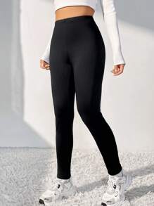 SHEIN EZwear 素色彈性腰帶緊身打底褲 - 黑色 - 查看 4