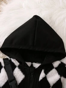 SHEIN Young Boy Argyle Pattern Hooded Teddy Jacket & Bag - Black and White - View 3