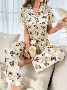 Butterfly Print Contrast Piping Satin PJ Set / Pajama Set - Apricot - View 5