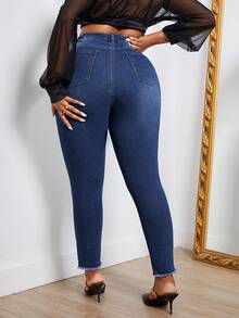 SHEIN SXY Plus High Waist Raw Cut Skinny Jeans - Medium Wash - View 2