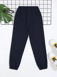 SHEIN Cậu bé Tween Băng tương phản Eo dây rút Quần thể thao - Màu xanh hải quân - Xem 4