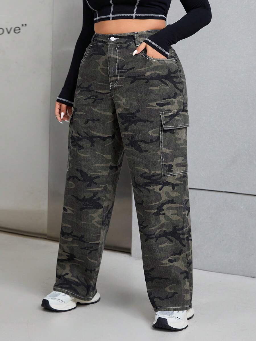 SHEIN ICON Hơn Camo In Túi có nắp Quần jean chở hàng - Nhiều màu - Xem 1