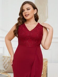 大碼上身蕾絲荷葉邊不對稱下擺連衣裙 - 酒紅色 - 查看 5