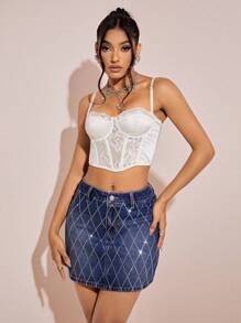 SHEIN BAE Argyle Pattern Denim Skirt - Medium Wash - View 1