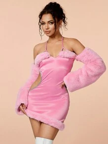 水鑽鏤空腰部掛脖露背修身洋裝（附可拆卸袖子） - 粉色 - 查看 1