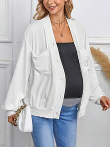 SHEIN Thai sản Thả vai Túi có nắp Nút phía trước Áo khoác - Màu be - Xem 7
