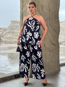 SHEIN Privé 休閒後系帶植物 全身印花大碼兩件套裝