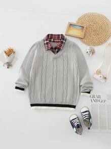 Young Boy Cable Knit Contrast Collar 2 In 1 Sweater