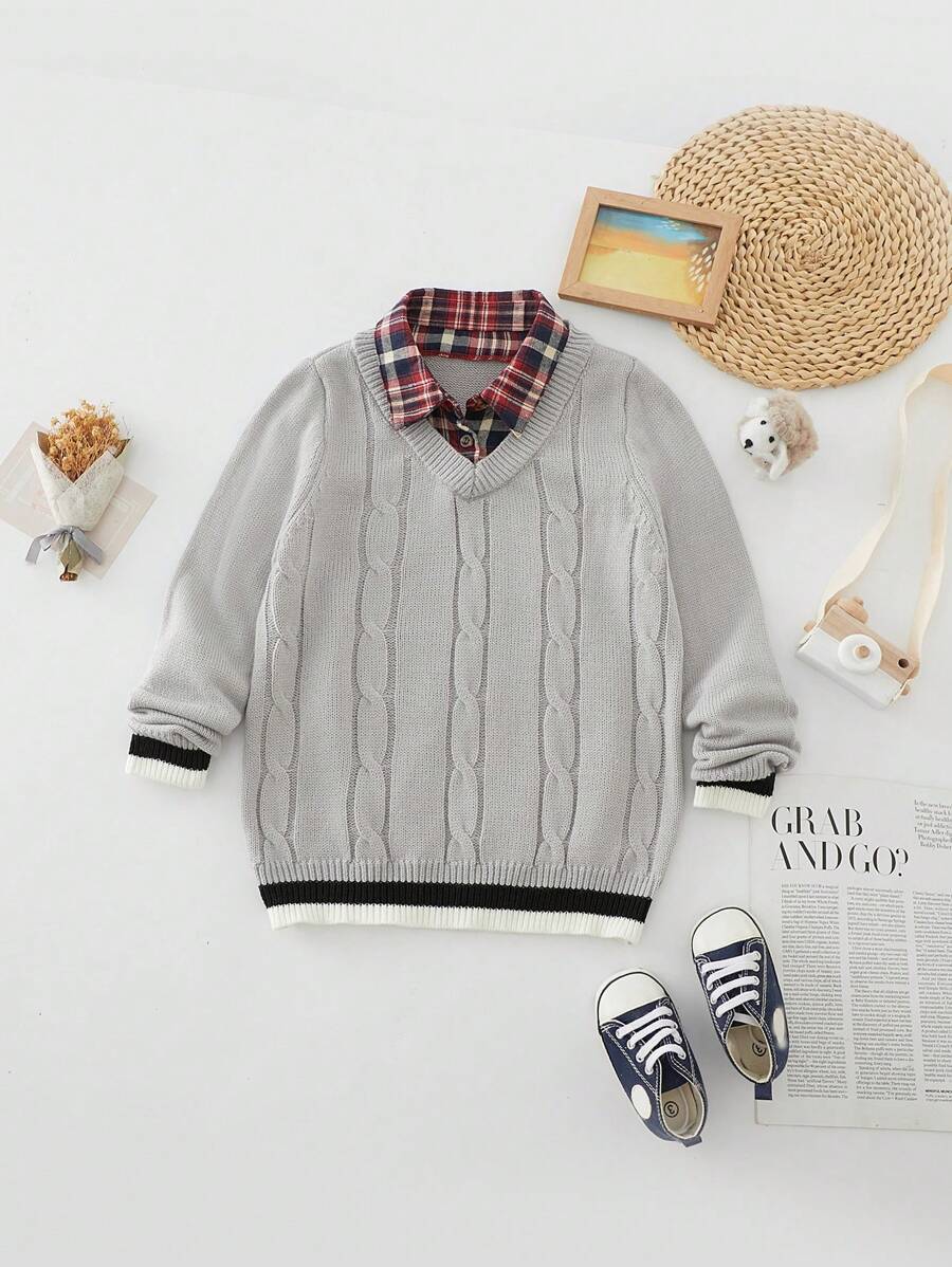 Young Boy Cable Knit Contrast Collar 2 In 1 Sweater