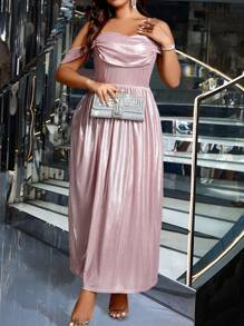 SHEIN Clasi Hơn Off Shoulder cổ áo xếp nếp Đầm - Hồng - Xem 6